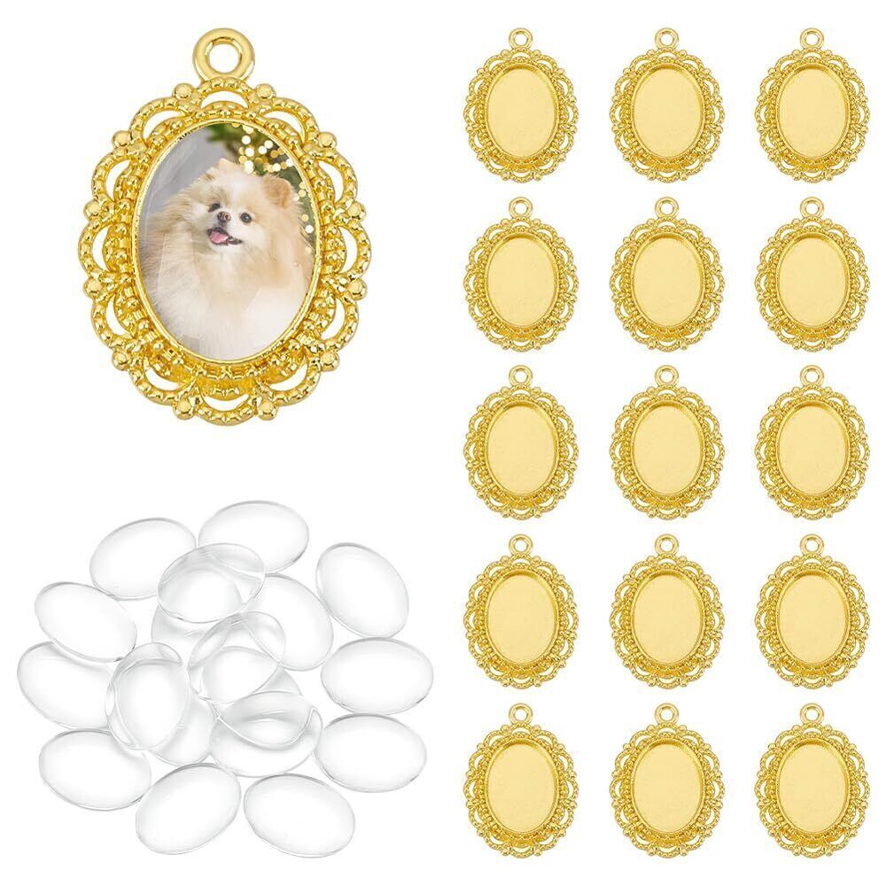 8504 20 Sets Golden Oval Pendant Trays Cabochon Setting Trays Pendant Blank